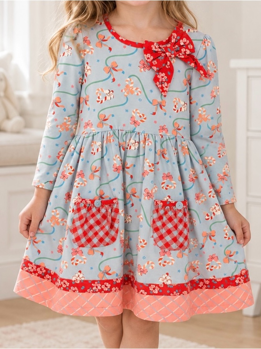 Matilda Jane Blue Floral Dress with Red Gingham Pockets
